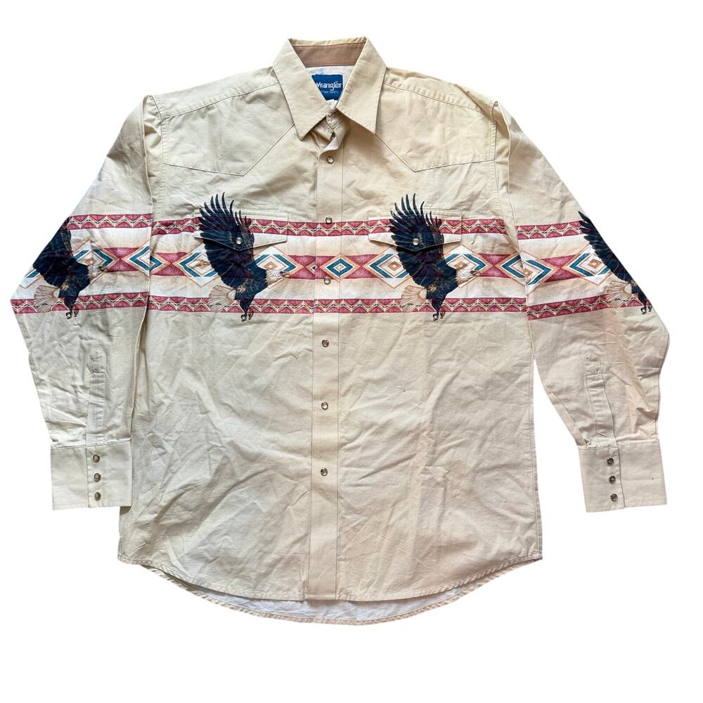 Vintage Wrangler Aztec western Eagle Pearl Snap Mens Cowboy Long Sleeve shirt L